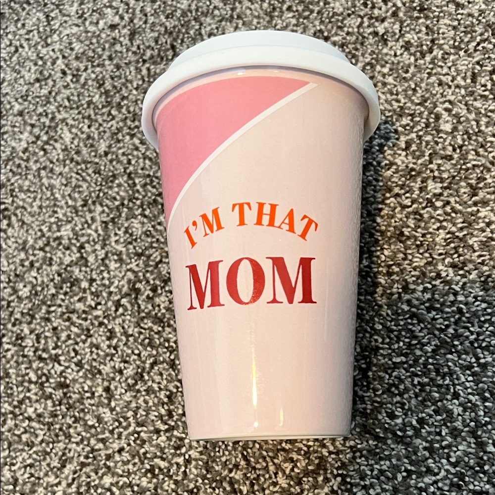 BRAND NEW “I’m That Mom” white & pink travel mug!